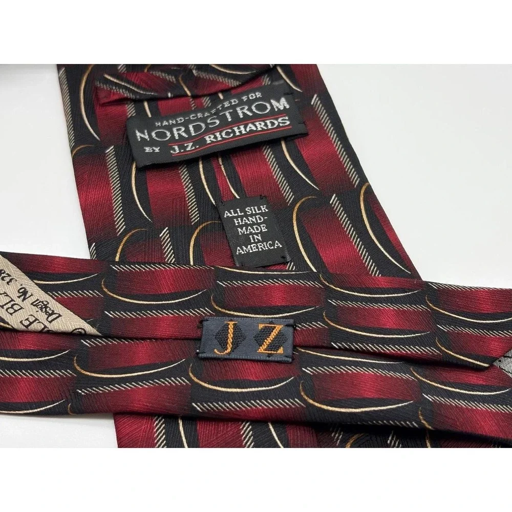J.Z. Richards, Nordstrom, Silk Necktie, Made in USA, Geometric, Maroon/Black